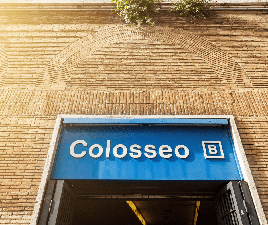 Alt text: Colosseo Metro station sign in Rome, Italy, marking the entrance to the subway stop near the Colosseum.