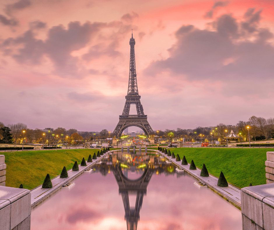 Eiffel Tower at sunrise from Trocadero Fountains in Paris