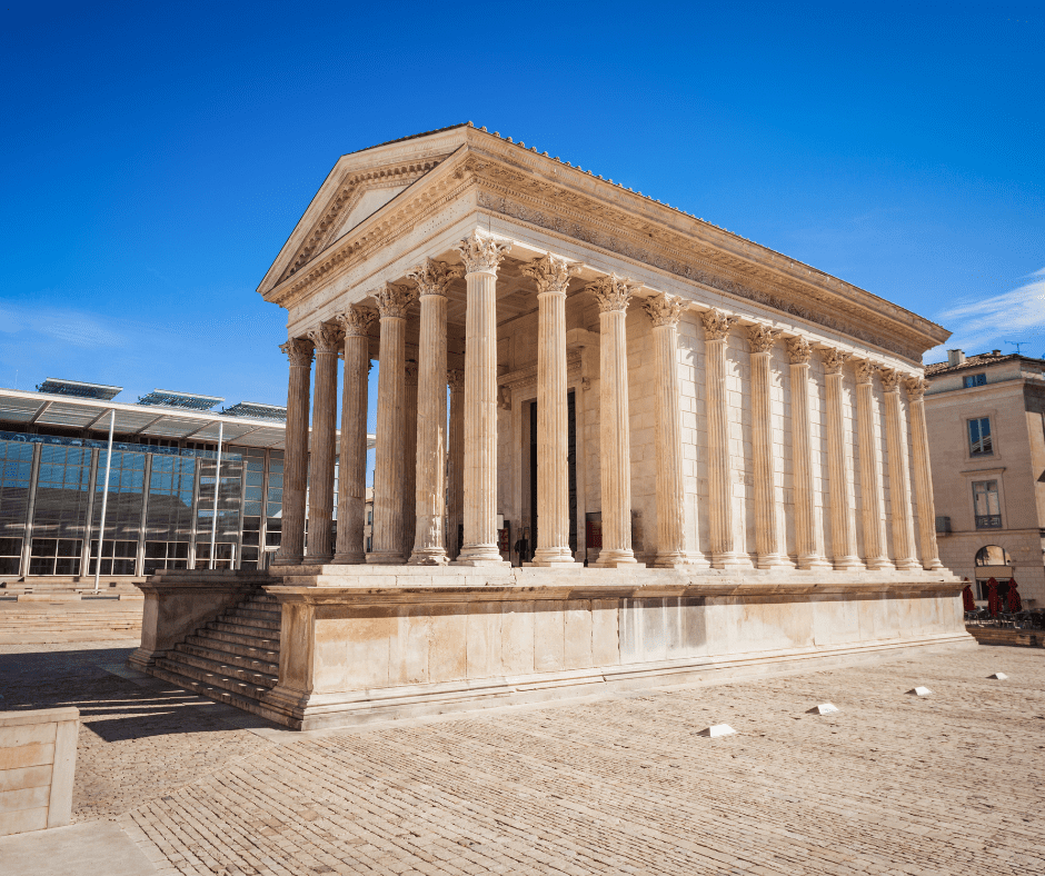 Maison Carree is an ancient roman temple building in Nimes city in southern France