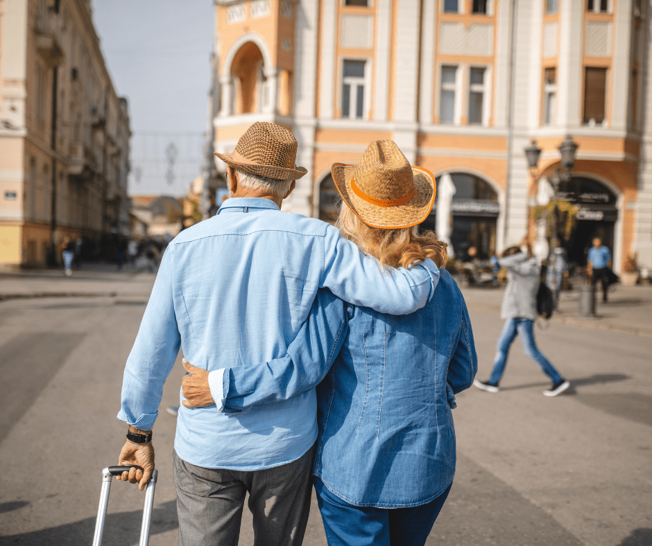 Couple walking through a European city, reflecting on travel choices and pace.