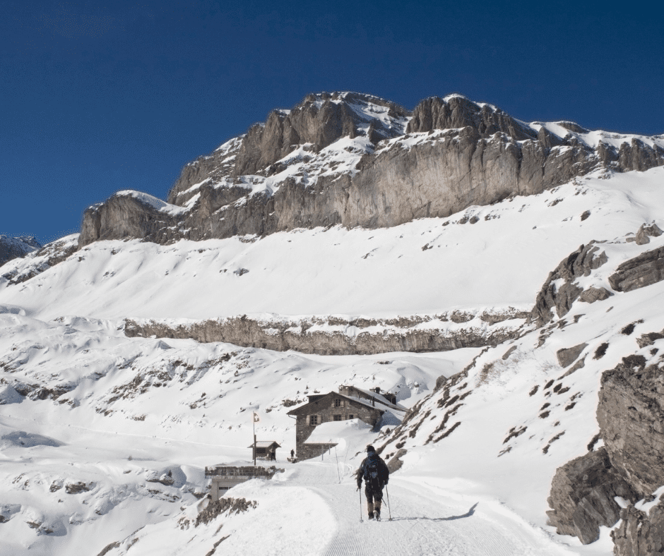 Snowshoeing to Schwarenbach hotel, Sunnbuel, Kandersteg, Berner Oberland, Switzerland