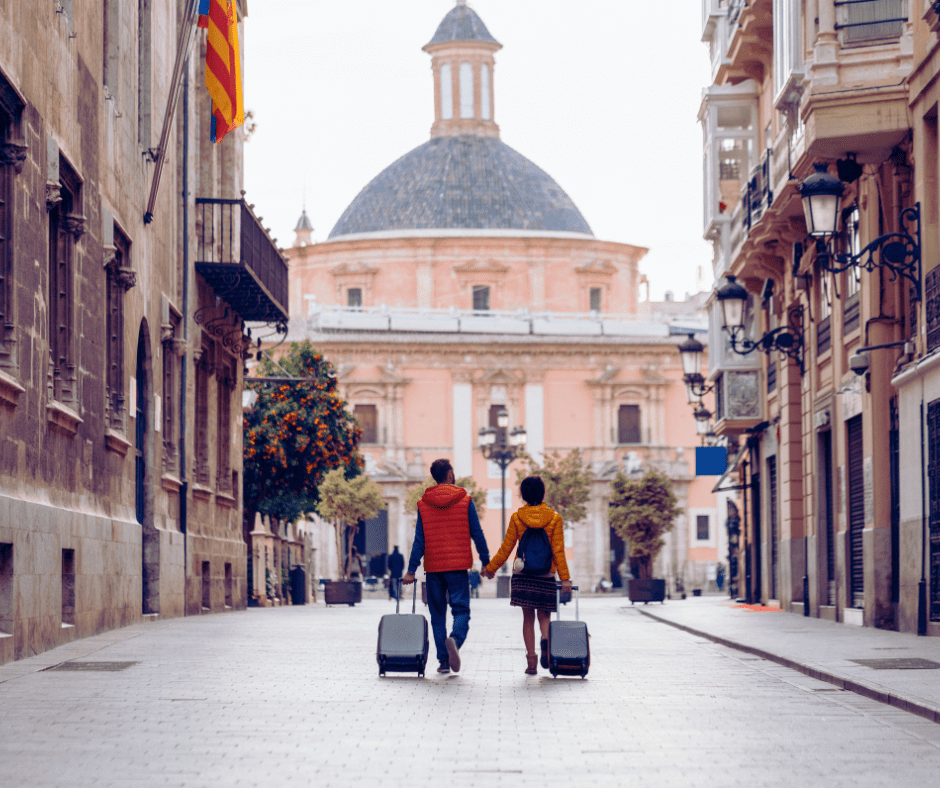 travel couple on streets of Valencia-traveling strengthens relationship